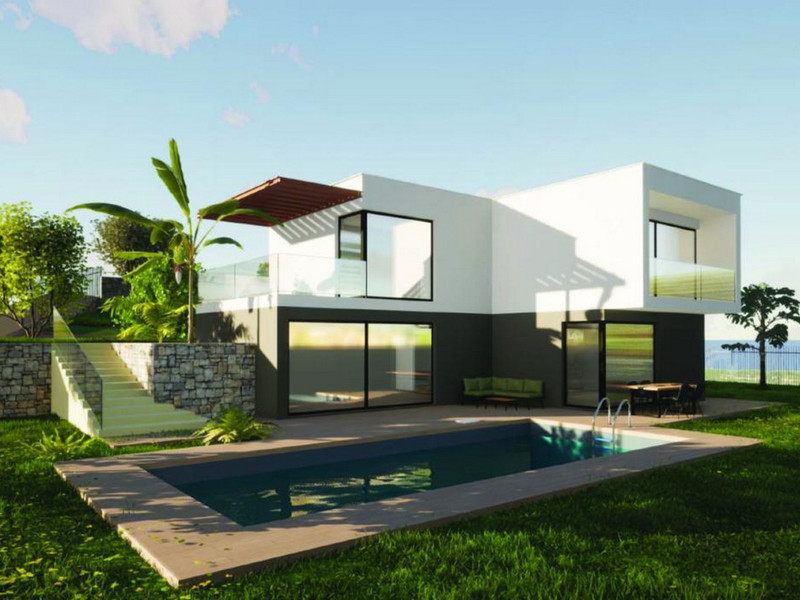 Plot with permit in Ospedaletti, Liguria, featuring a proposed villa design with pool