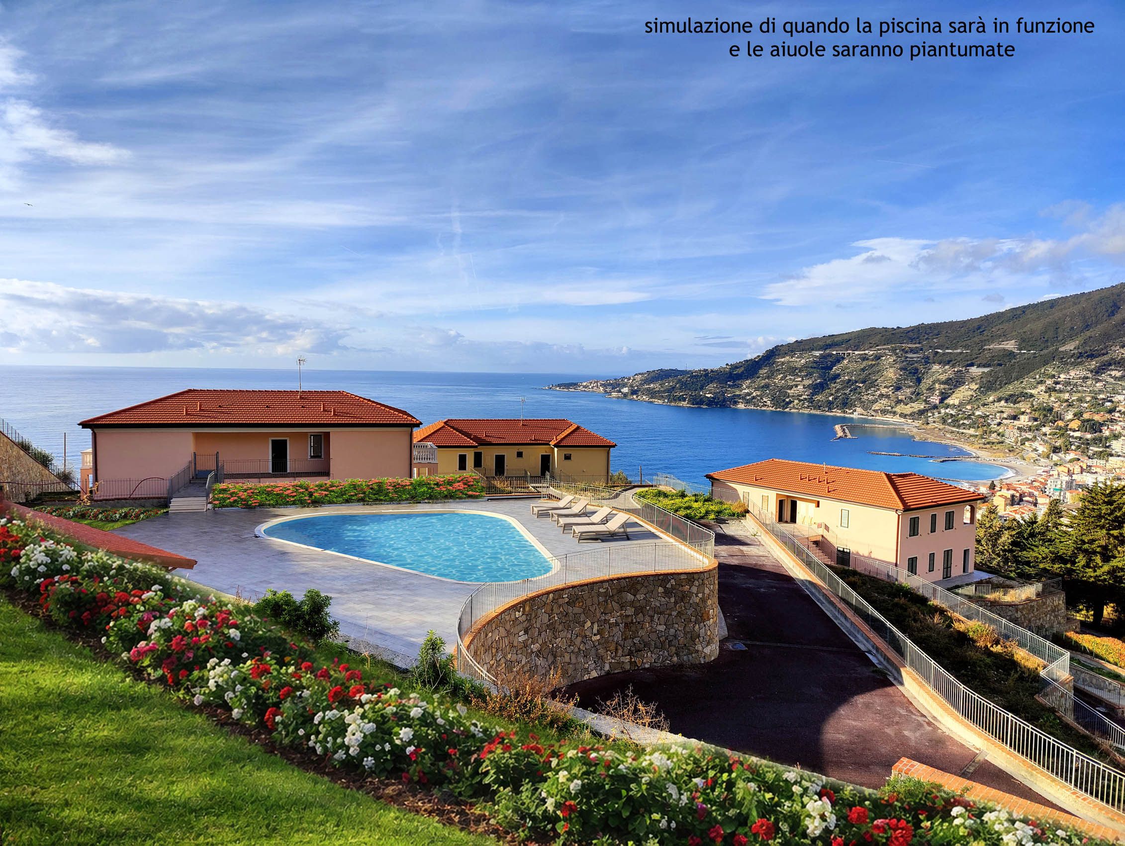 Bilocale nuovo con giardino privato, vista mare e piscina condominiale