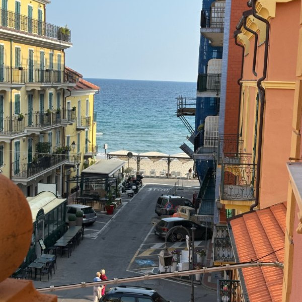 View of the sea from a street in Borgo Coscia, Alassio