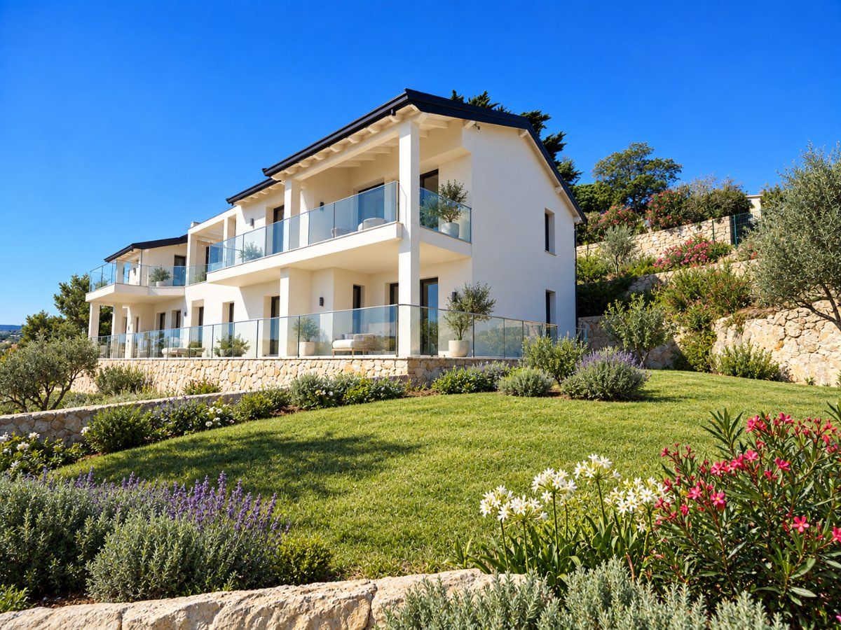 Apartment building with balconies and landscaped garden